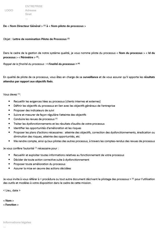 Lettre de nomination pilote